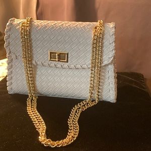 White and gold woven leather shoulder bag